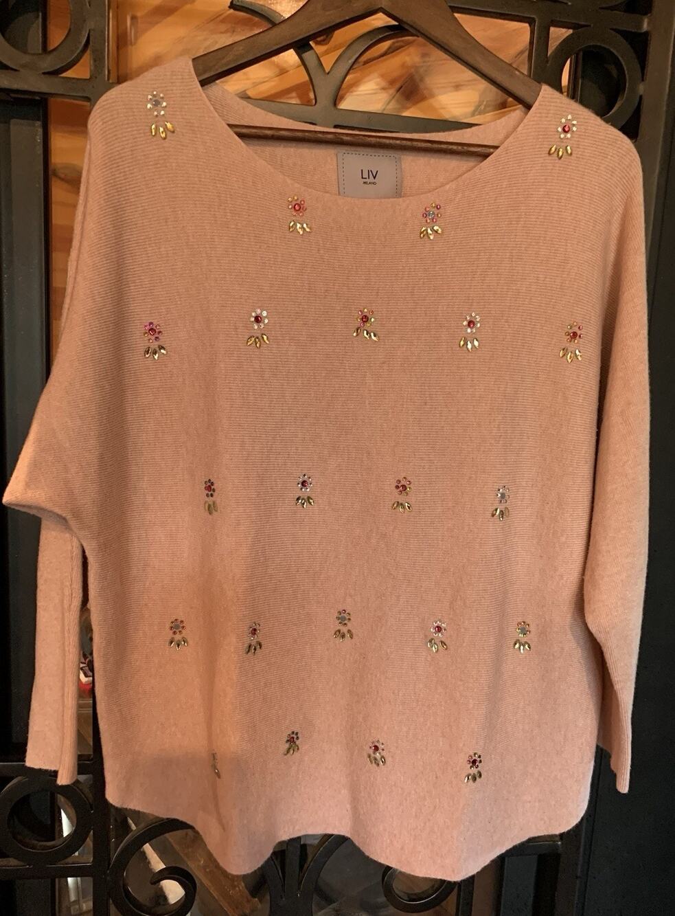 Liv Milano Blush Pink Rhinestone Flower Embellished Knit Sweater Size L